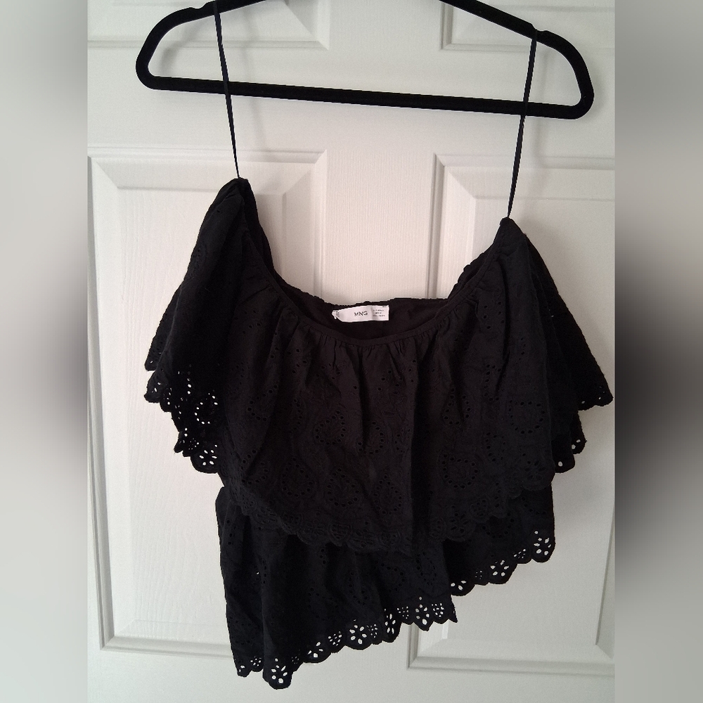 Mango Black Eyelet Off-Shoulder Blouse